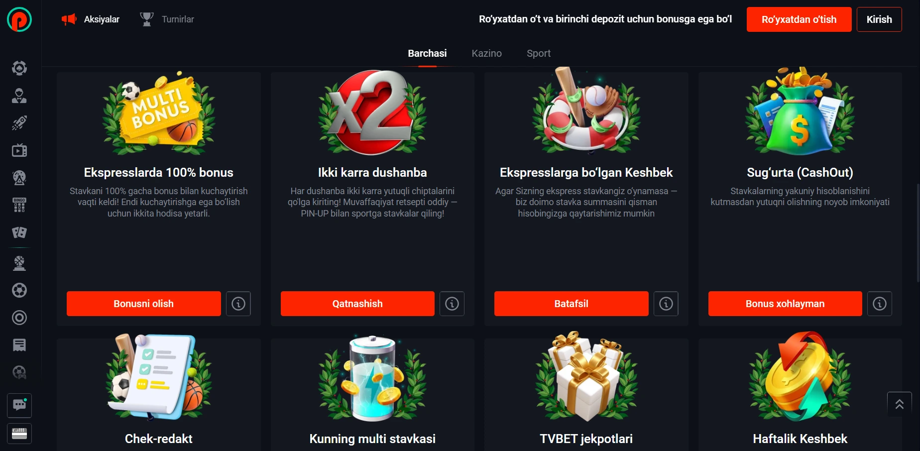 bonuses casino pin up